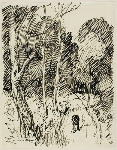 Wooded Landscape with Vagabond by Théophile-Alexandre Pierre Steinlen, drawing, 1879-1923
