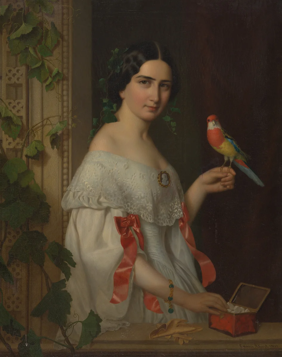 Untitled (Lady with a Parakeet) by August Canzi, painting, 1856