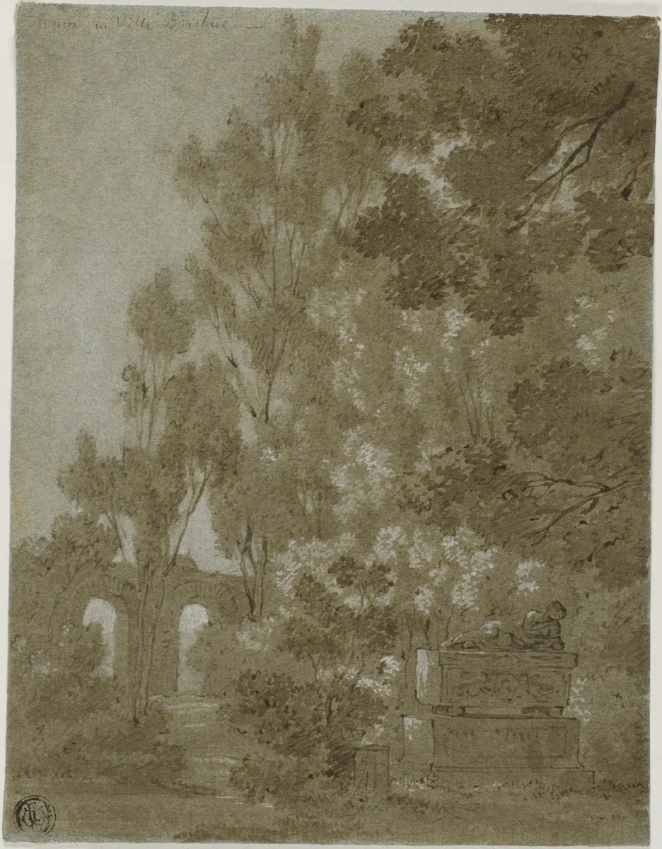 View of Ruined Arches and Tomb in Villa Borghese by Gaspard Dughet, drawing, 1635-1675