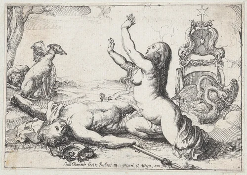 Venus mourning Adonis, who lies on the ground at left with his dogs behind him by Willem Panneels, print, 1626-1636