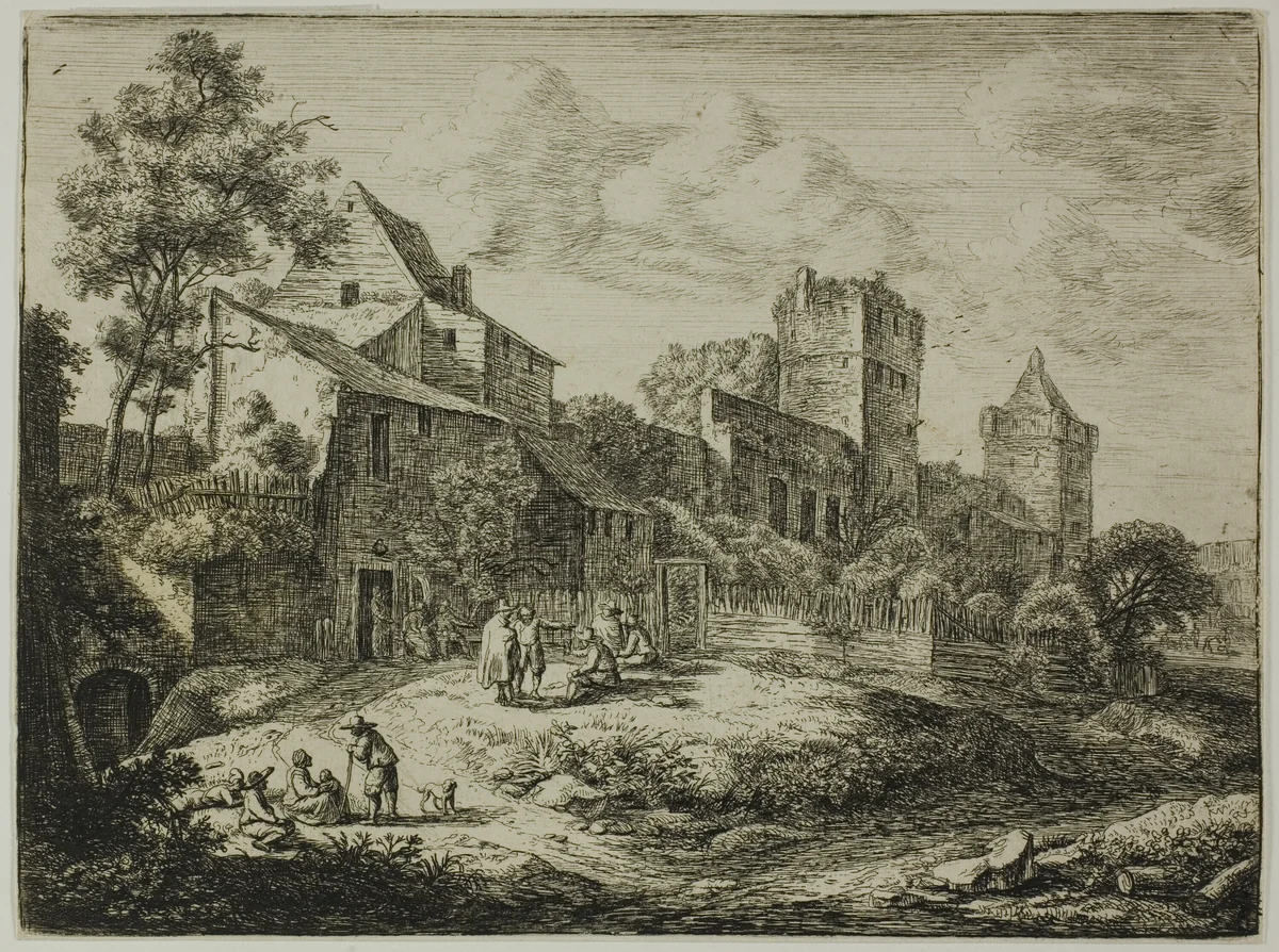 The Yard in front of the Inn, from Twelve Landscapes by Anthonie Waterloo, print, 1630-1690