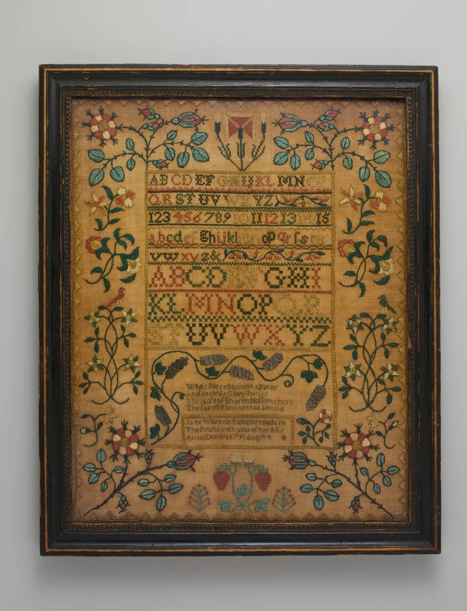 Embroidered sampler by Jane Wilson, artwork, 1791