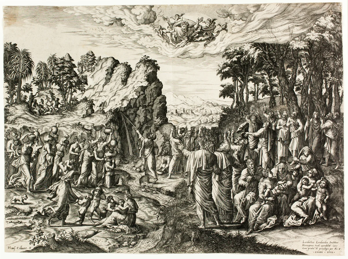 Moses Striking the Rock by Jan Collaert, print, 1555
