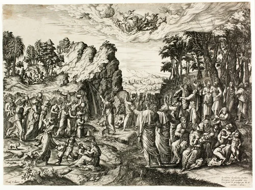 Moses Striking the Rock by Jan Collaert, print, 1555