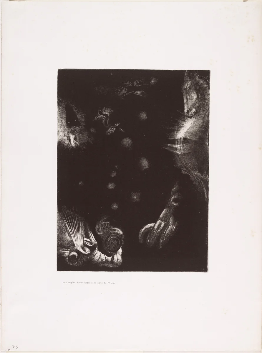 Different Peoples Dwell in the Countries of the Ocean (Des peuples divers habitent les pays de l'océan) from The Temptation of Saint Anthony (La Tentation de Saint-Antoine) by Odilon Redon, print, 1896