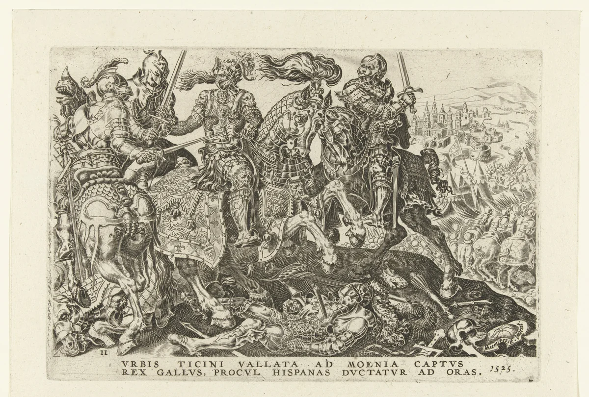 Gevangenname van Frans I tijdens de slag van Pavia, 1525 by Unknown, print, 1555-1556