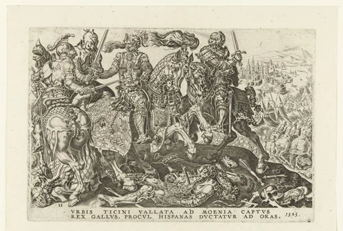 Gevangenname van Frans I tijdens de slag van Pavia, 1525 by Unknown, print, 1555-1556