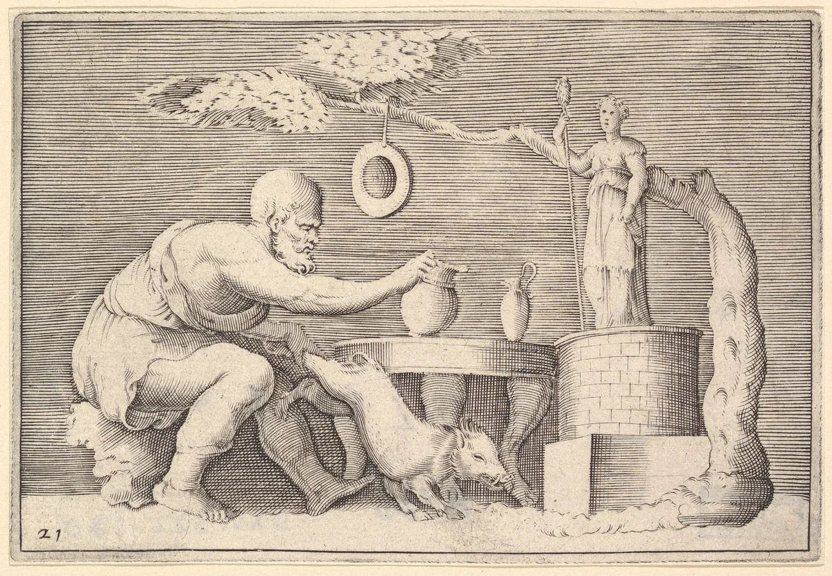 A Faun or Satyr Preparing a Pig for Sacrifice, from "Ex Antiquis Cameorum et Gemmae Delineata/ Liber Secundus/et ab Enea Vico Parmen Incis" by anonymous, print, 1599-1622