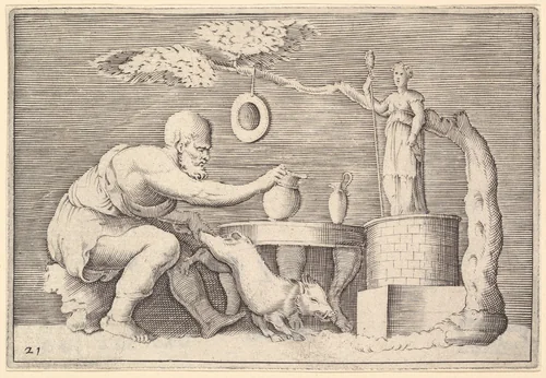 A Faun or Satyr Preparing a Pig for Sacrifice, from "Ex Antiquis Cameorum et Gemmae Delineata/ Liber Secundus/et ab Enea Vico Parmen Incis" by anonymous, print, 1599-1622