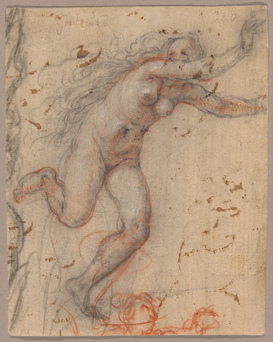 A Nude Female Figure Fleeing to the Right with Arms Outstretched, with Sketch of a Bust of Secondary Figure (recto); A Sketch of a Nude, Kneeling Female Figure, Supported by Another Standing (verso) by Hendrick Goltzius, drawing, 1595-1605