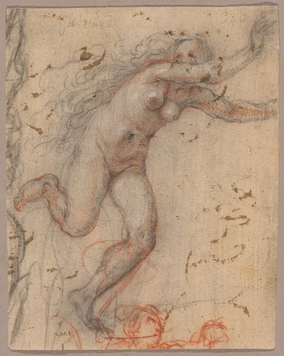 A Nude Female Figure Fleeing to the Right with Arms Outstretched, with Sketch of a Bust of Secondary Figure (recto); A Sketch of a Nude, Kneeling Female Figure, Supported by Another Standing (verso) by Hendrick Goltzius, drawing, 1595-1605