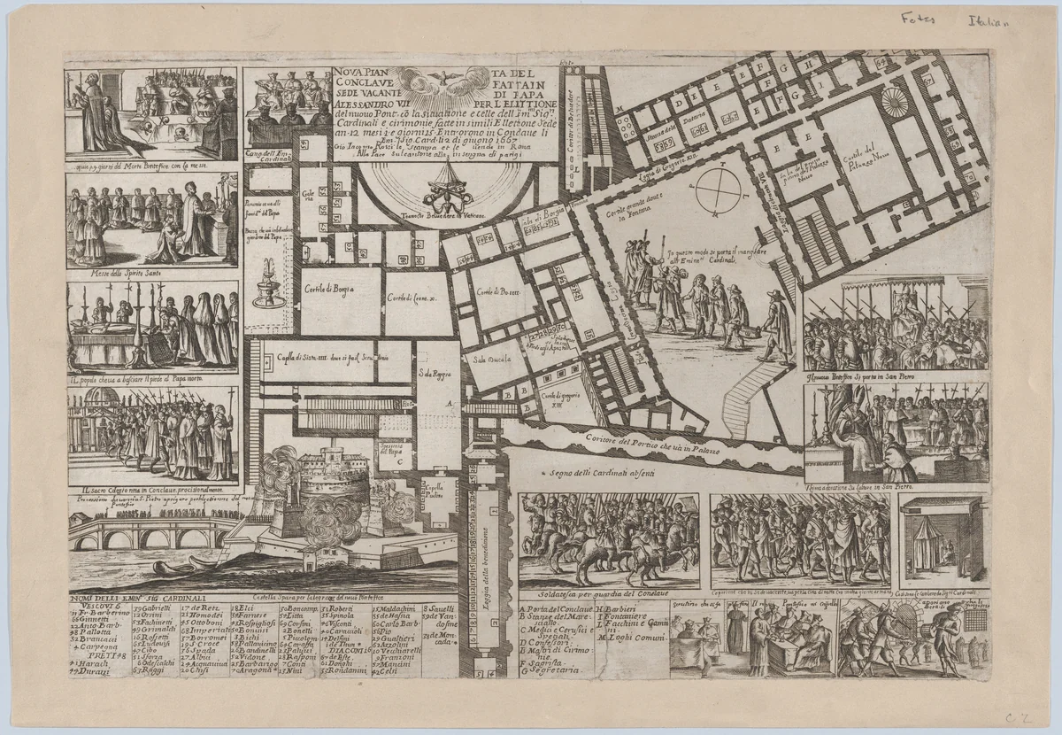 Papal conclave following the death of Pope Alessandro VII, with an iconographic map of Vatican City and scenes of the funeral, procession, and election of the new pope by Giovanni Giacomo De Rossi, print, 1667