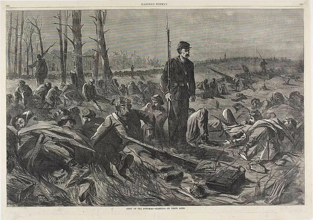 Army of the Potomac—Sleeping on Their Arms by Winslow Homer, print, 1864
