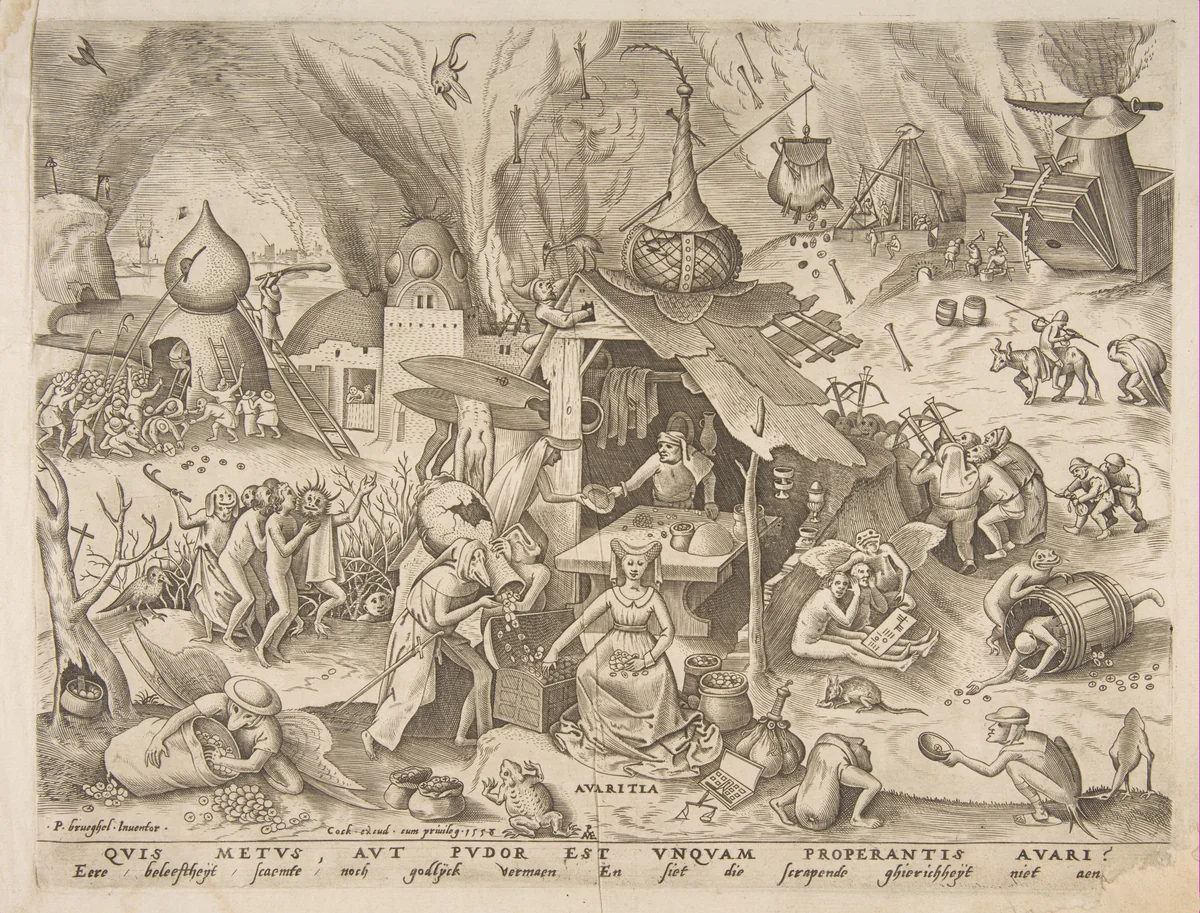 Avarice (Avaritia) from The Seven Deadly Sins by Pieter Bruegel, print, 1558