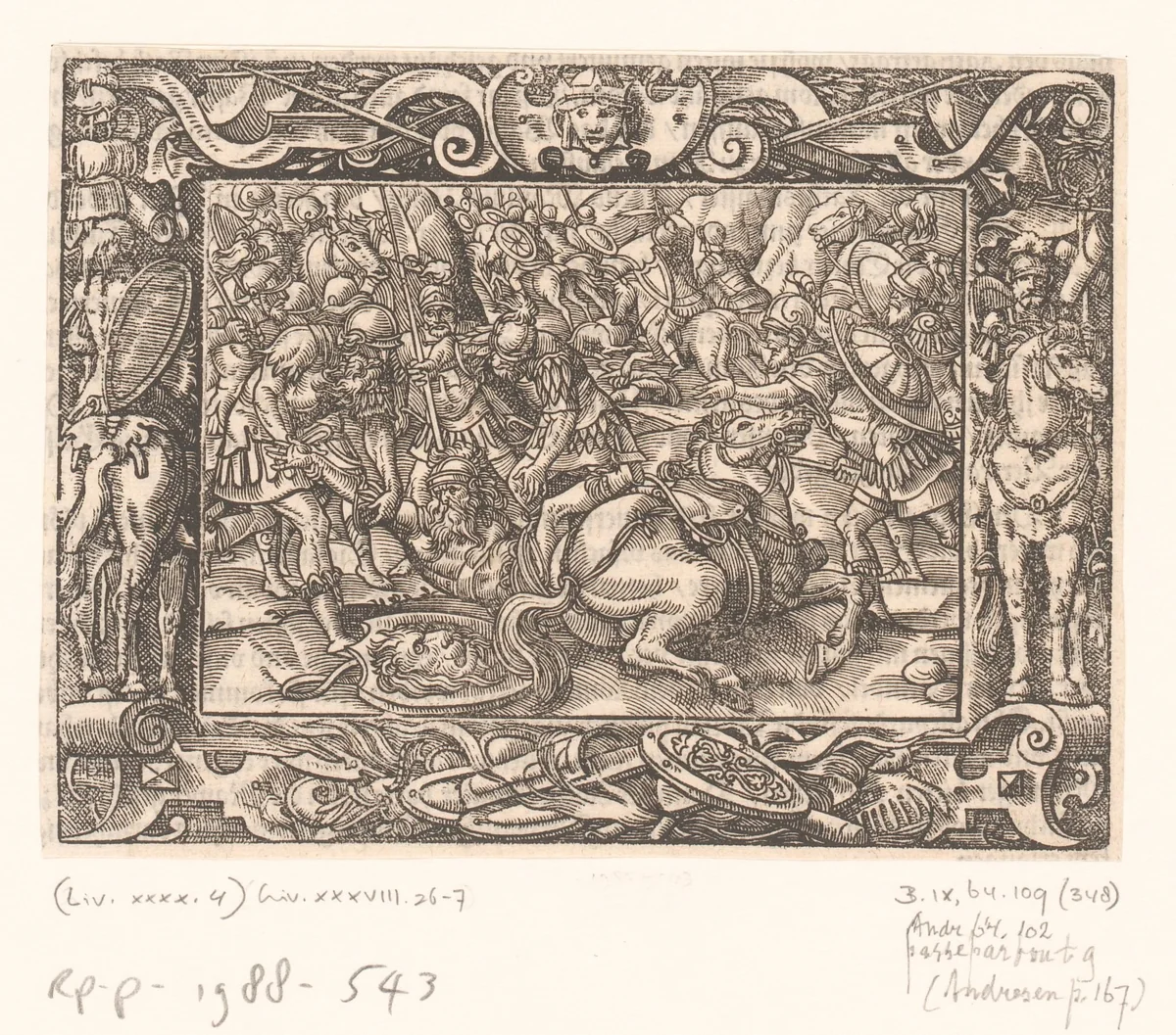 Galliërs trekken zich terug tijdens een veldslag met de Romeinen by anonymous, print, 1574