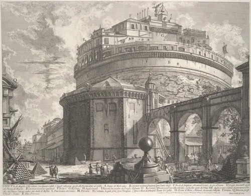 View of the Mausoleum of the Emperor Hadrian (now called Castel S. Angelo) from the rear, from Vedute di Roma (Roman Views) by Giovanni Battista Piranesi, print, 1751-1761