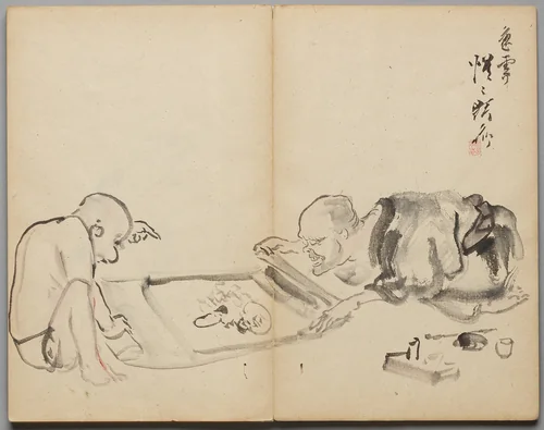 Looking at a Painting from Sketch Album by Kawanabe Kyōsai (河鍋暁斎), book, 1855-1889