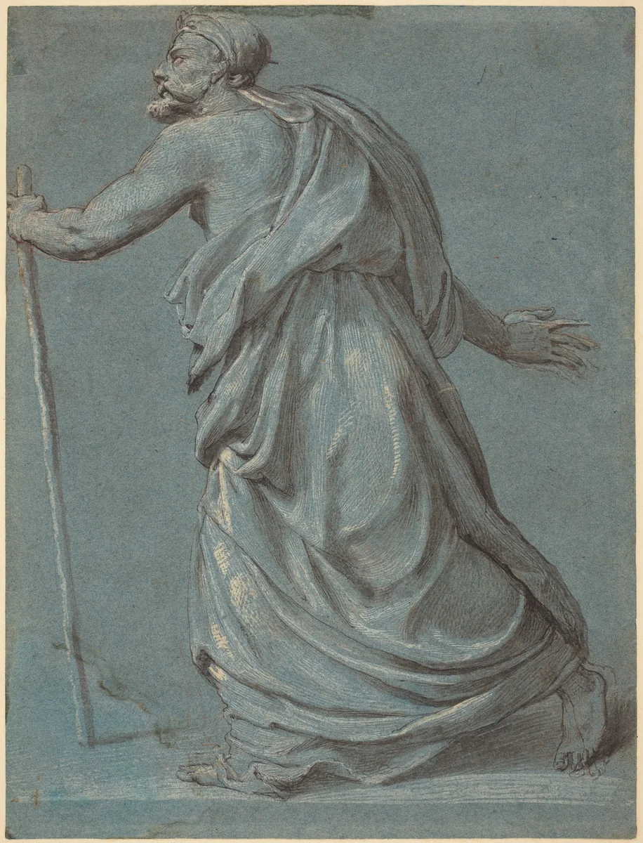 Study of a Man Walking towards the Left Holding a Staff by Girolamo Siciolante, drawing, 1521-1580