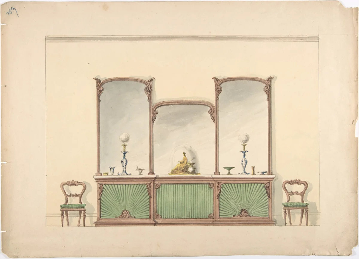 Design for a Mirrored Three Sectioned Marble-topped Cabinet and Two Chairs by anonymous, drawing, 1800-1850