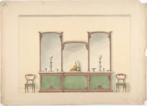 Design for a Mirrored Three Sectioned Marble-topped Cabinet and Two Chairs by anonymous, drawing, 1800-1850
