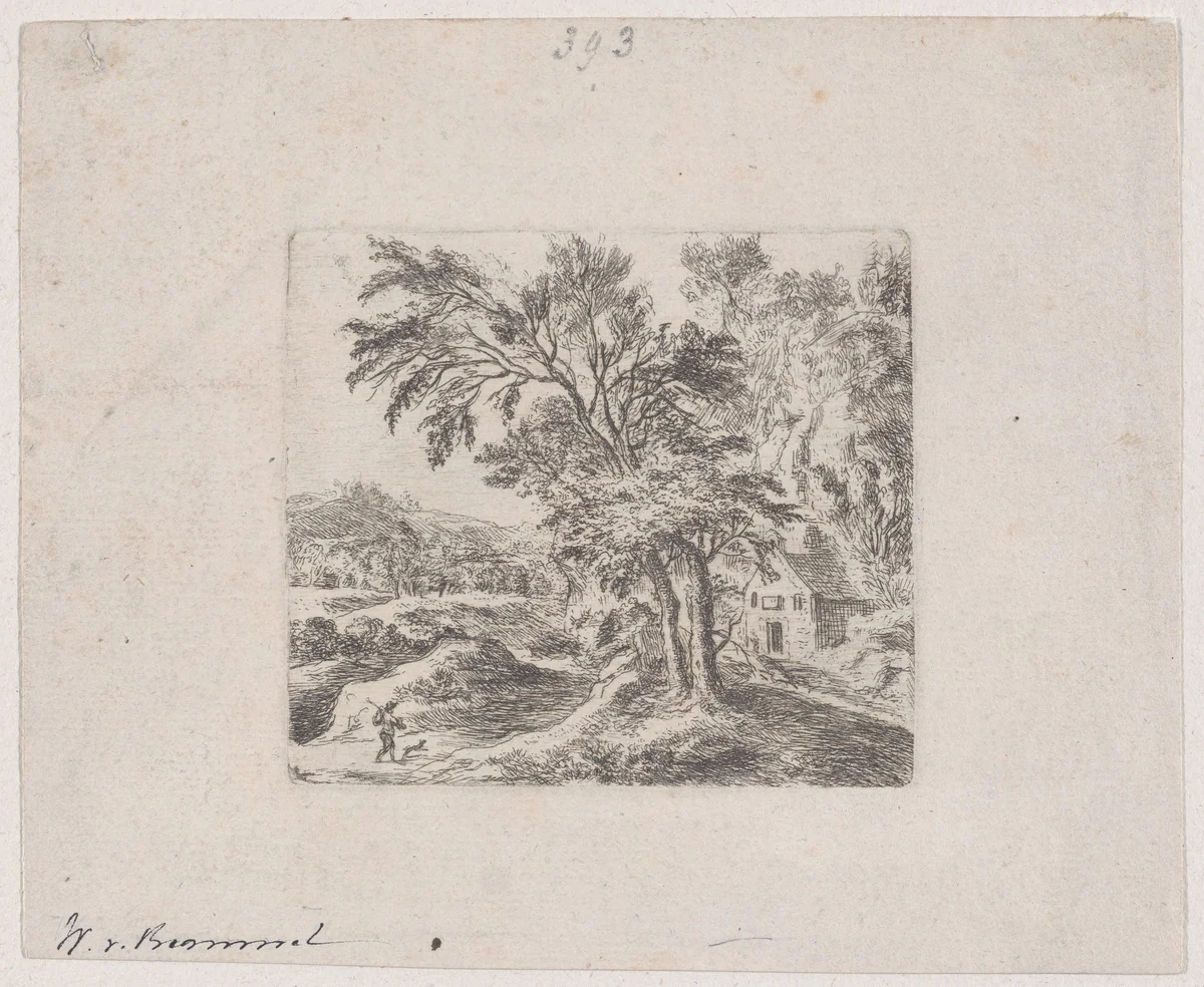 Landscape with a man and a dog at lower left, two trees and a house at right, hills in far distance by Bartholomaeus Ignaz Weiss, print, 1750-1814