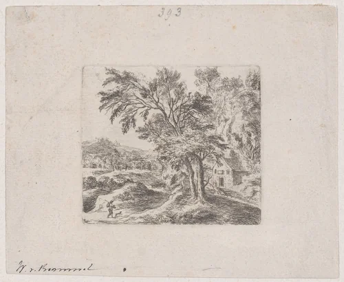 Landscape with a man and a dog at lower left, two trees and a house at right, hills in far distance by Bartholomaeus Ignaz Weiss, print, 1750-1814