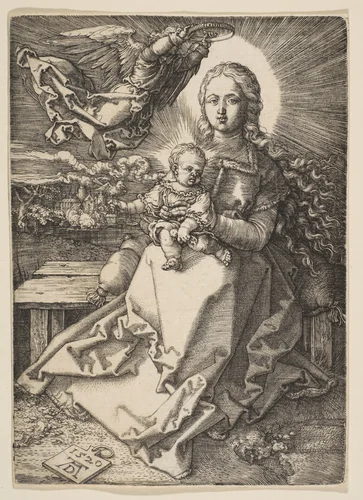 Virgin and Child Crowned by an Angel by Albrecht Dürer, print, 1520