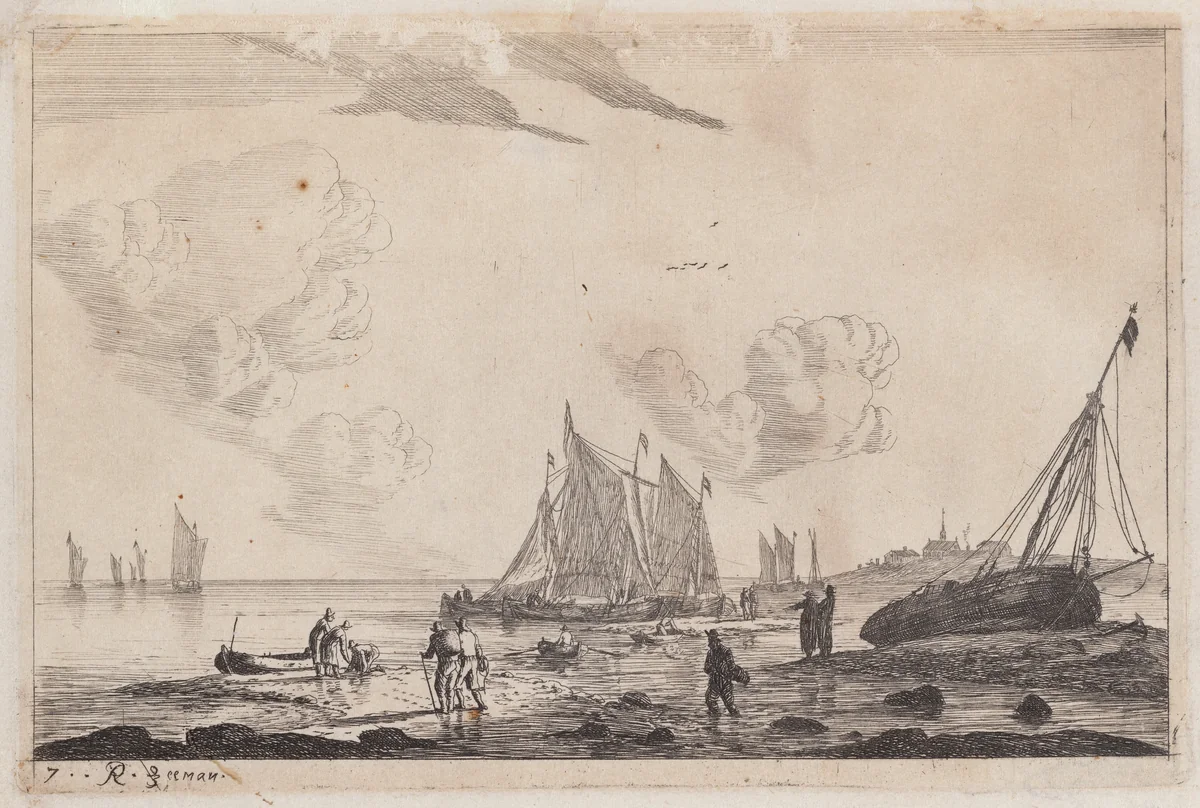 Beach Scene with Ketches and other Fishing Boats by Reinier Nooms, print, 1651-1661