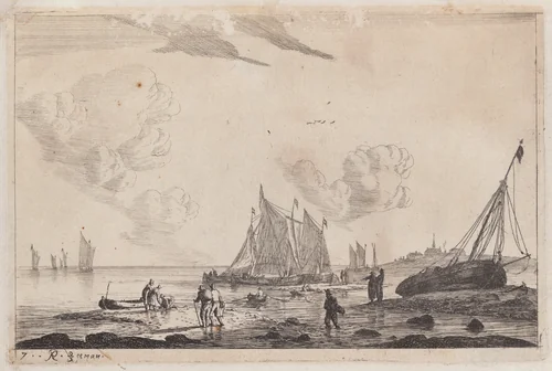 Beach Scene with Ketches and other Fishing Boats by Reinier Nooms, print, 1651-1661