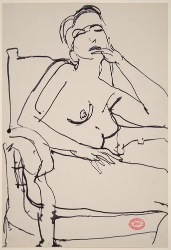 Untitled [nude in an armchair touching her chin with her left hand] by Richard Diebenkorn, drawing, 1955-1967