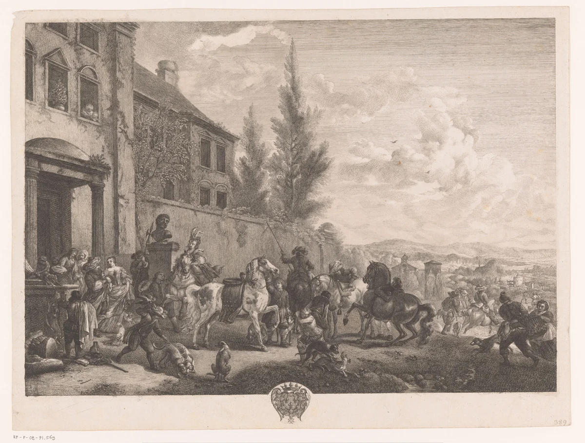 Jachtgezelschap vertrekt uit een huis by Jean Moyreau, print, 1738
