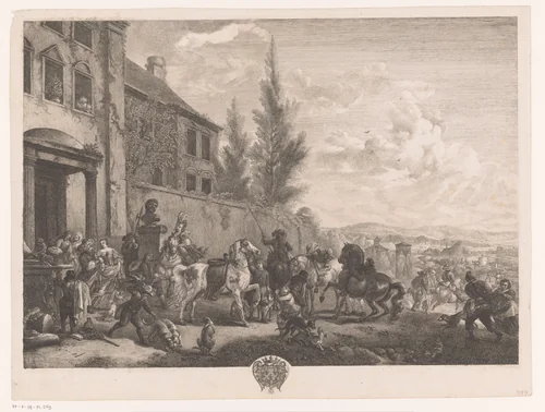 Jachtgezelschap vertrekt uit een huis by Jean Moyreau, print, 1738