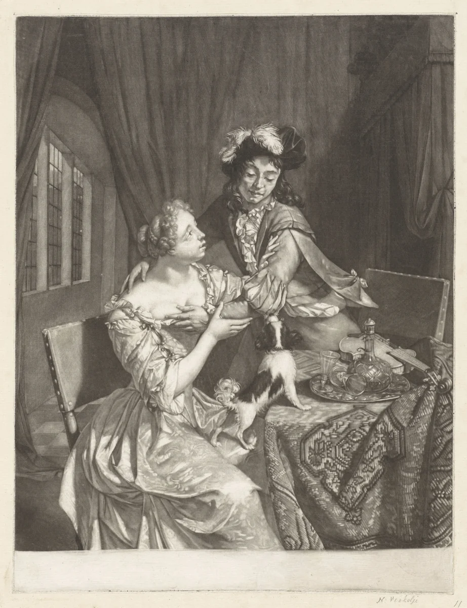 Het verliefde vergrijp by Nicolaas Verkolje, print, 1694-1726