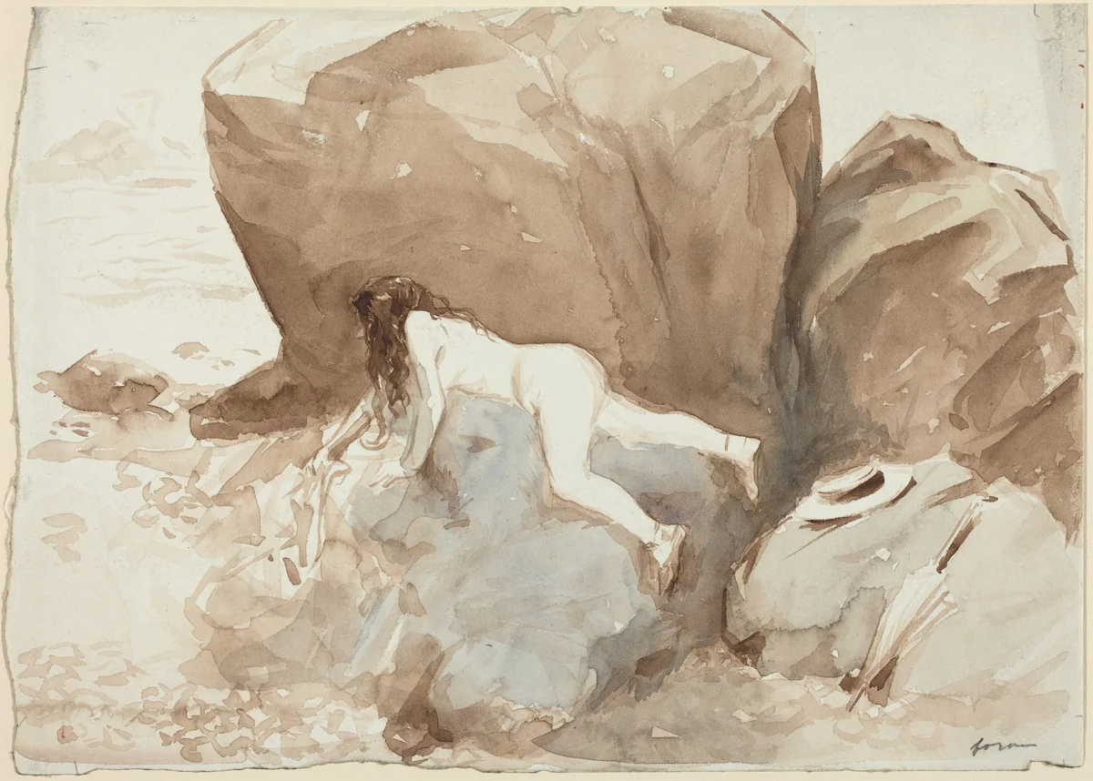 Nude on Rocks by Jean-Louis Forain, drawing, 1852-1931