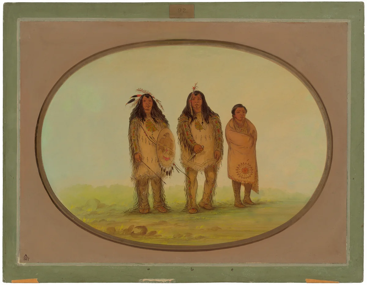 Two Nezperce Warriors and a Boy by George Catlin, painting, 1855-1869