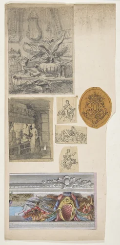 Seven drawings,including four decorative motifs and two scenes of interiors by Jules-Edmond-Charles Lachaise, drawing, 1830-1897