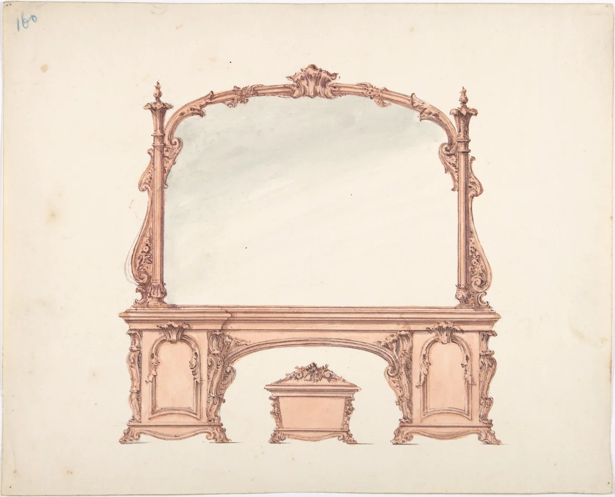 Design for a Mirrored Sideboard with Rococo Ornament, and Casket by anonymous, drawing, 1800-1850