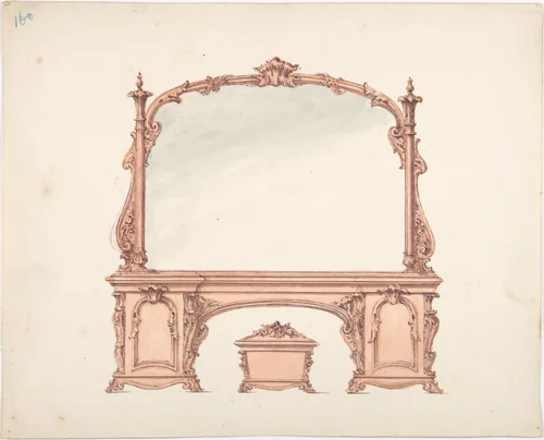 Design for a Mirrored Sideboard with Rococo Ornament, and Casket by anonymous, drawing, 1800-1850