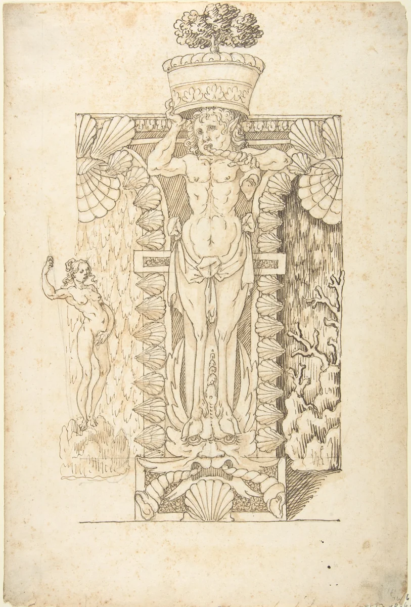 Design for a Wall Fountain by anonymous, drawing, 1550-1620