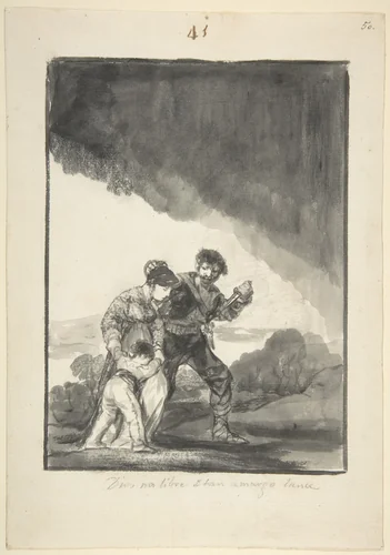 God save us from such a bitter fate; a bandit threatening a woman and a child with a knife, page 41 from the "Black Border Album" (E) by Goya, drawing, 1811-1825
