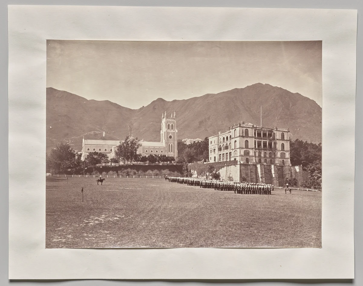 Untitled (Hong Kong, St. John’s Cathedral, from the Parade Ground, H.M. Regiment on Parade) by Lai Fong, photograph, 1866-1873