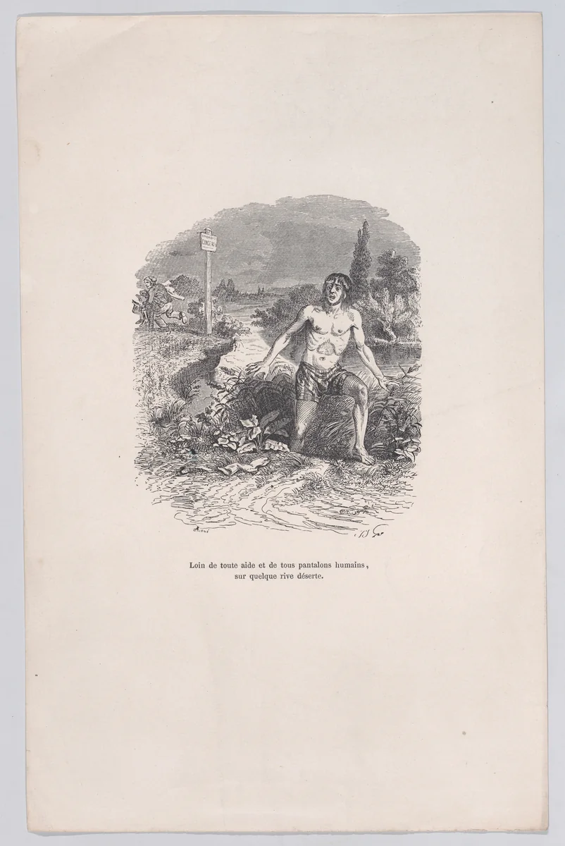 Away from all help and without pants, on some deserted shore, from "Little Miseries of Human Life" by J. J. Grandville, print, 1843