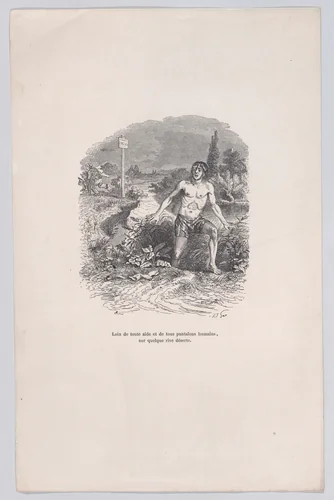 Away from all help and without pants, on some deserted shore, from "Little Miseries of Human Life" by J. J. Grandville, print, 1843