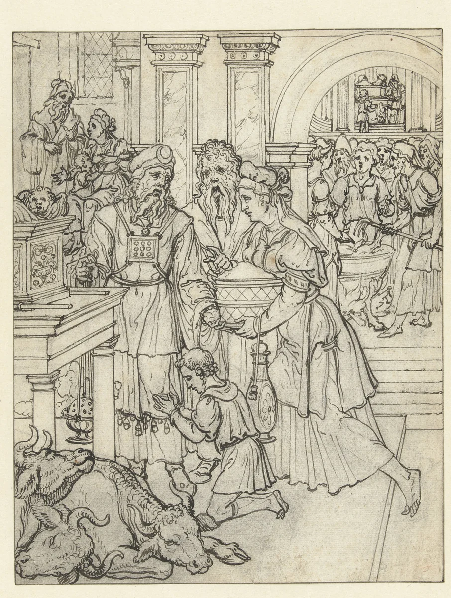 Samuel en zijn ouders voor de hogepriester Eli by Dirck Pietersz. Crabeth, drawing, 1540-1543