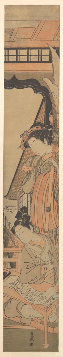 A Beauty Looking Down upon a Young Man Reading a Love Letter by Utagawa Toyoharu, print, 1761-1781
