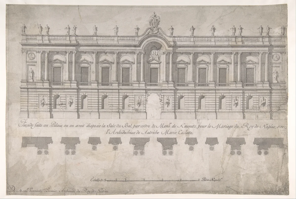 Façade of Palace decorated for the Marriage of the King of Naples to the Archduchess of Austria by Luigi Vanvitelli, drawing, 1700-1773