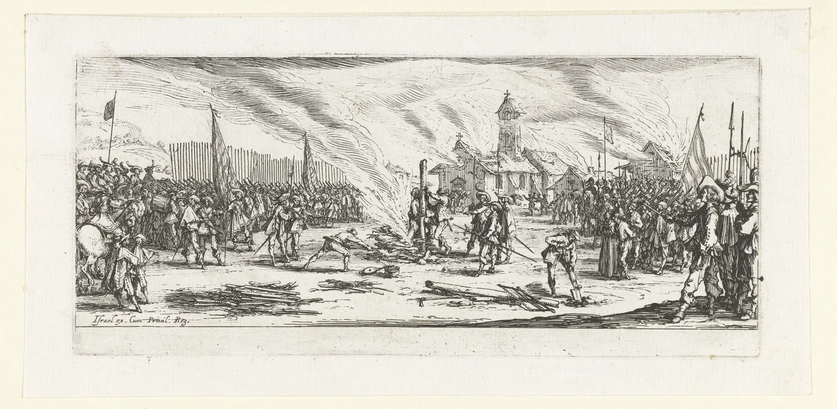Strafmaatregelen: de brandstapel by Jacques Callot, print, 1633