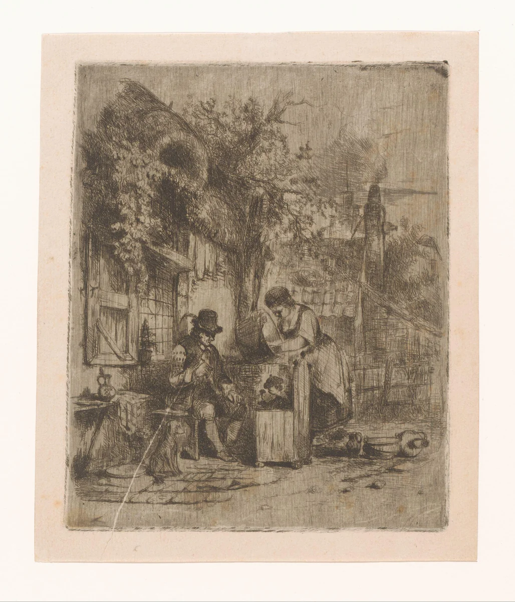 Straatgezicht met zittende man en een vrouw die een ketel schuurt by Adrien Joseph Verhoeven-Ball, print, 1847