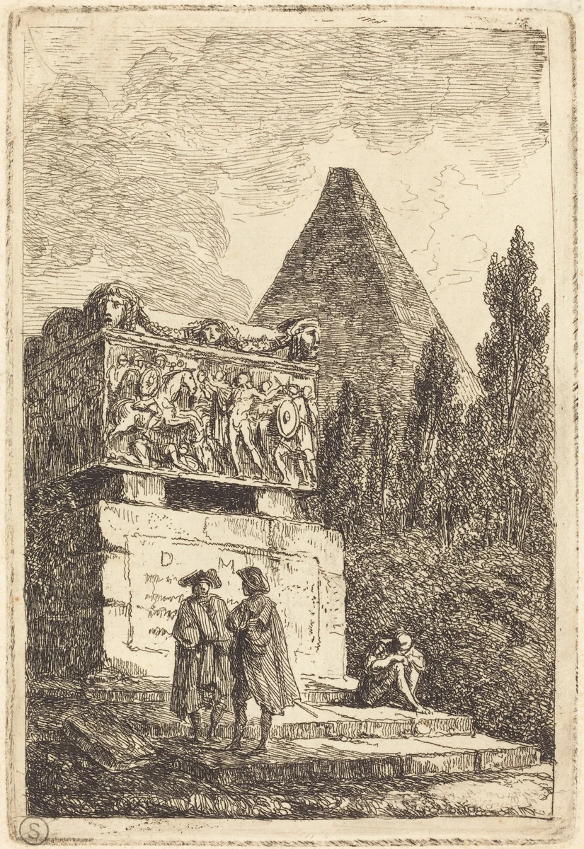 The Sarcophagus by Hubert Robert, print, 1763-1764