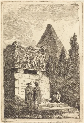 The Sarcophagus by Hubert Robert, print, 1763-1764